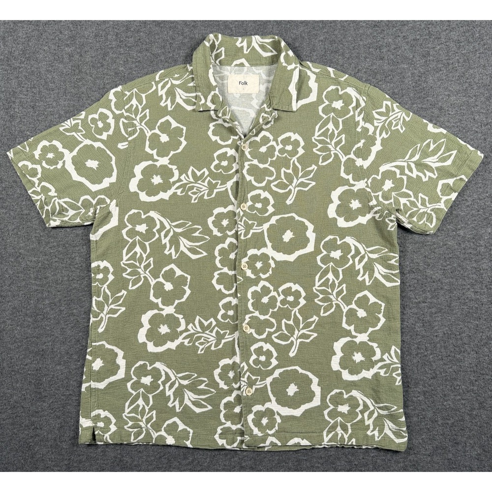 Folk Clothing Shirt Mens Large Green Floral Hawaiian Cuban Open Collar Woven